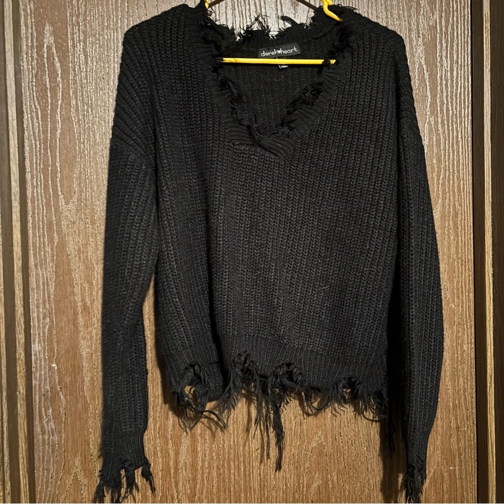 Derek Heart Distressed Black V-Neck Sweater